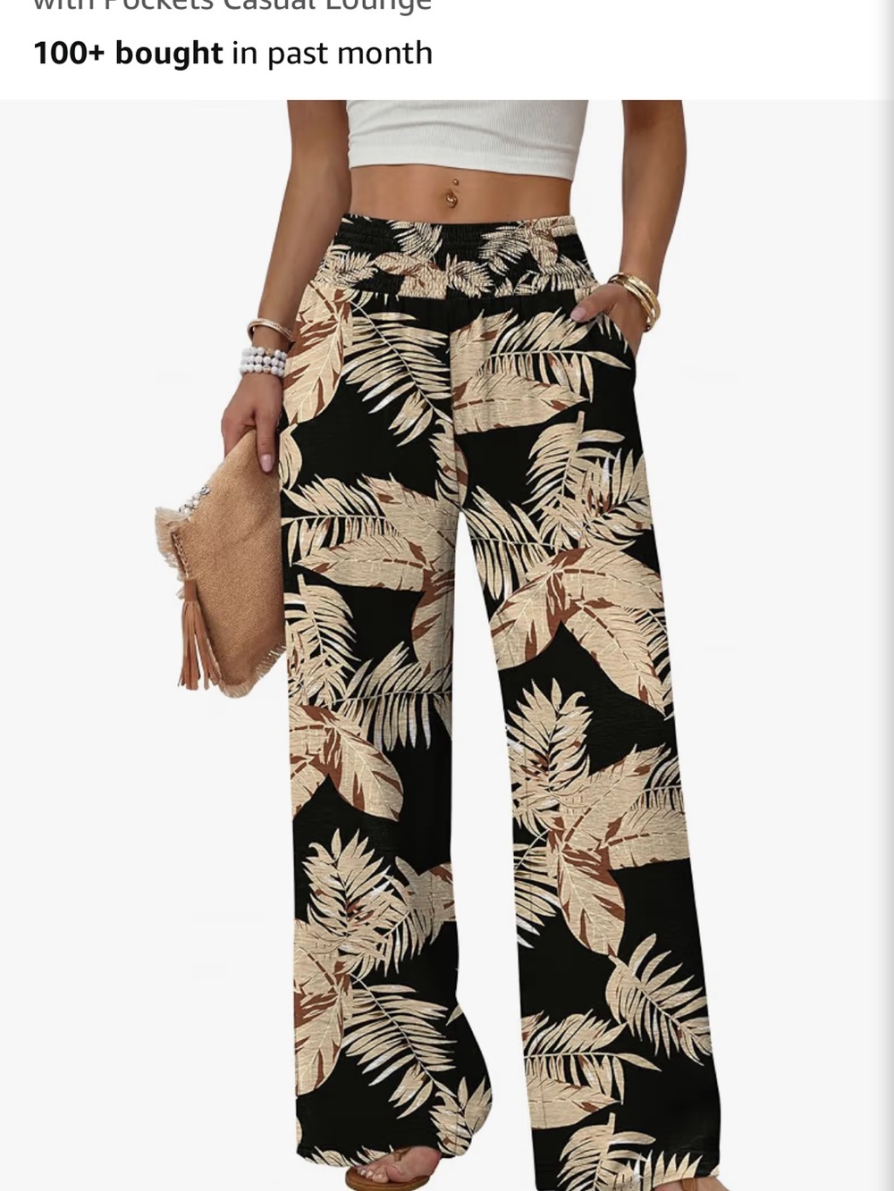 Sampeel Wide Leg High-Rise Tropical Print Pants - Black & Beige